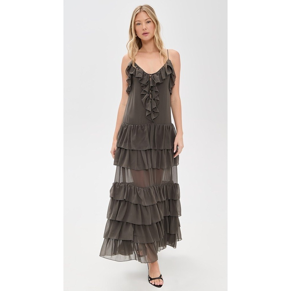 Ronny Kobo Giselle Dress Gray Ruffle‎ Maxi Tiered Spaghetti Strap Sheer Sz L